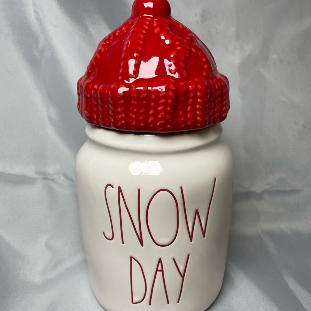 Rae Dunn Snow Day Canister with Red Winter Beanie Hat Topper Lid